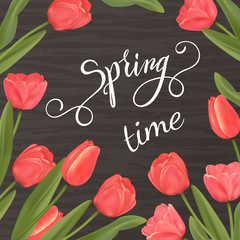Tulips shiny background and spring Lettering. Vector Illustration EPS10