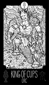 King of Cups. Orc. Minor Arcana Tarot card. Engraved vector illustration. See all collection in my portfolio set