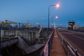 Dam with locks on the Danube river at sunset Slovakia Europe