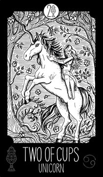 Two of Cups. Unicorn. Minor Arcana Tarot card. Engraved vector illustration. See all collection in my portfolio set