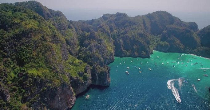 High Rugged Cliffs of Maya Bay, Phi Phi Islands, Thailand, Drone Footage
