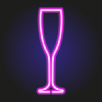 glass of champagne glowing pink neon of vector illustration