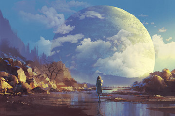 Landschaft einer einsamen Frau, die eine andere Erde betrachtet, Illustrationsmalerei