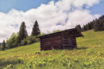 kleine Hütte auf einer Wiese in den Bergen