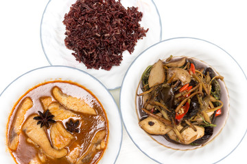 Thai food, Homemade meal of Spicy Stir Fry Japanese Eggplant and Fish Massaman Curry
