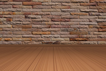 Empty floor room wooden  and brick wall background.Empty ready for your product display or montage. illustration 3D rendering