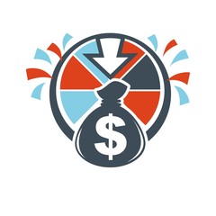 Lottery winnings money bag hand drawn logotype isolated on white.