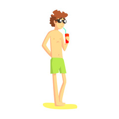 Fototapeta na wymiar Guy In Green Shorts And Shades Drinking Soda From The Can, Part Of Friends In Summer On The Beach Series Of Vector Illustrations