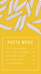 Pasta menu vector design. Scattered penne pasta elements 