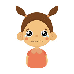 Crying Little Girl Flat Cartoon Portrait Emoji Icon With Emotional Facial Expression