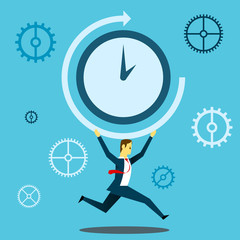 Run up progress. Businessman running carrying a giant clock. Concept business vector illustration.