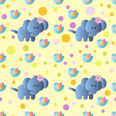 seamless pattern with cartoon cute toy baby elephant, bird and Circles on a light yellow background