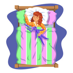Little girl sleeping in her bed with toy bunny. Kid's activity. Good night time. Vector Illustration. Modern flat style cartoon clipart.