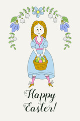 Obraz premium Happy Easter! Greeting card. Girliewith a basket of painted Easter eggs. Spring flowers. Vector illustration of hand drawn.