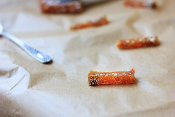 Pieces of quince jam. Delicious paste.