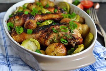 Baked potatoes with chicken and vegetables on a black background