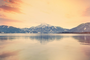 beautiful view on the high snowy mountains and sea