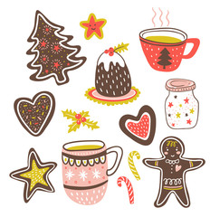 Vector cartoon hand-drawn collection of traditional yummy Christmas desserts, isolated on white background. Cup and gingerbread isolated on the white background.