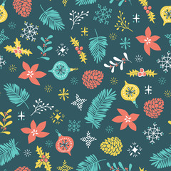 Christmas seamless pattern. Template for Greeting Scrap booking, Congratulations, Invitations and wrap paper. Vector illustration with christmas elements on the dark background.