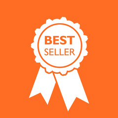 Best seller ribbon icon. Medal vector illustration in flat style on orange background.