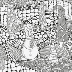 Artistically winter, christmas, ethnic pattern with snowman and Xmas trees. Pattern for coloring book. Vector. Hand-drawn, floral, retro, doodle, zentangle, tribal design element.