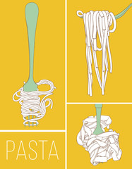 Spaghetti and fettuccine on the fork vector illustrations. Hand drawn pasta set. Italian cuisine design