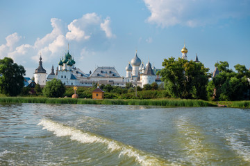 Fototapeta premium Summer view from the Nero lake of the medieval Kremlin in Rostov the Great as part of The Golden Ring's group of medieval towns of the northeast of Moscow, Russia