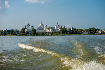 Summer view from the Nero lake of the medieval Kremlin in Rostov the Great as part of The Golden Ring's group of medieval towns of the northeast of Moscow, Russia
