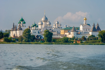 Summer view from the Nero lake of the medieval Kremlin in Rostov the Great as part of The Golden Ring's group of medieval towns of the northeast of Moscow, Russia