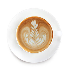 Top view latte art coffee on white background