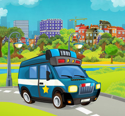Cartoon stage with police vehicle truck colorful and cheerful scene