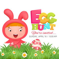 Obraz na płótnie Canvas Little girl in pink bunny costume. Easter egg hunt invitation card