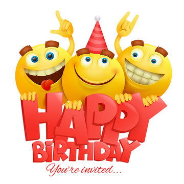 Smiley yellow faces emoji characters. Happy birthday card