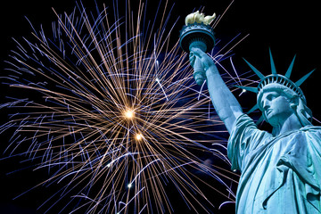 Statue of Liberty, night sky with fireworks, New York, USA