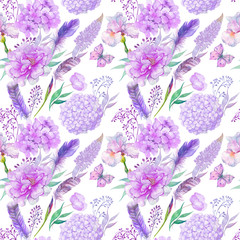 Seamless pattern, purple, watercolor, flower,
