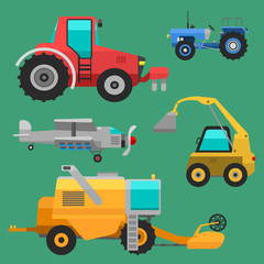 Agricultural vehicles and harvester machine combines and excavators icon set with accessories for plowing mowing, planting and harvesting vector illustration.