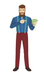 Hipster pointing at money in his hand