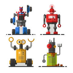 Cute vintage robot technology machine future science toy and cyborg futuristic design robotic element icon character vector illustration.