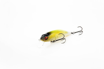 Fishing baits and gear for catching predatory fish, located on a white background