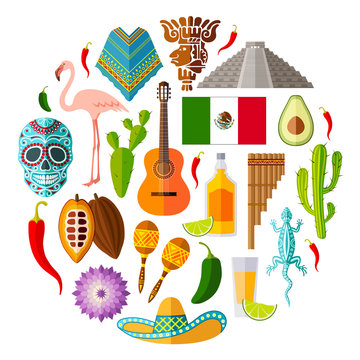Traditional national symbols of Mexico. Set of Mexican icons. Vector illustration in flat style. Collection of souvenirs, attributes and design elements.