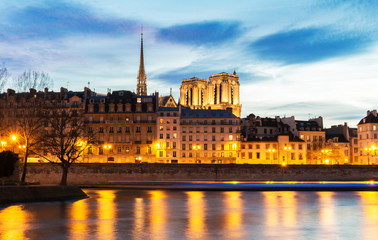 Embankment of the Seine near the Ile de la Cite at night, Notre Dame in the background, Paris, France