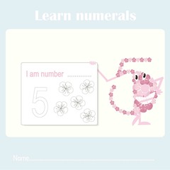 Counting educational, kids activity sheet. Learning numbers 5 stock vector illustration