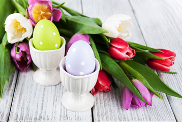 Easter eggs and tulips