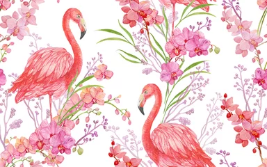  naadloze patroon bloemen achtergrond vogel roze Flamingo en Orchid © mitrushova