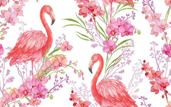 seamless pattern floral background bird pink Flamingo and Orchid