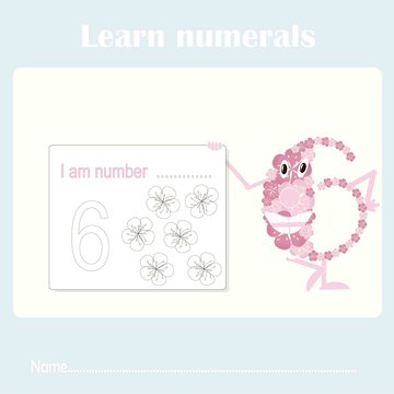 Counting educational, kids activity sheet. Learning numbers 6 stock vector illustration