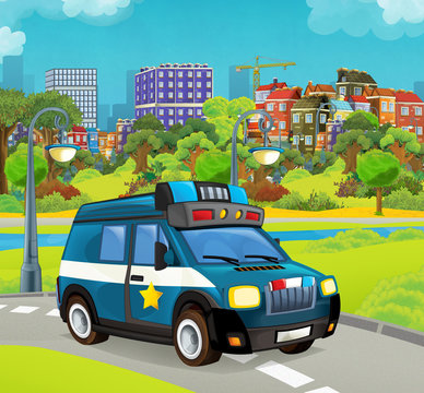Cartoon stage with police vehicle truck colorful and cheerful scene © honeyflavour