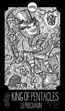 King of Pentacles. Leprechaun. Minor Arcana Tarot card. Fantasy engraved illustration. See all collection in my portfolio set