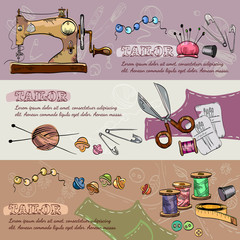 Tailor banners vector. Studio on tailoring tools seamstress fashion designer needlework sewing machine