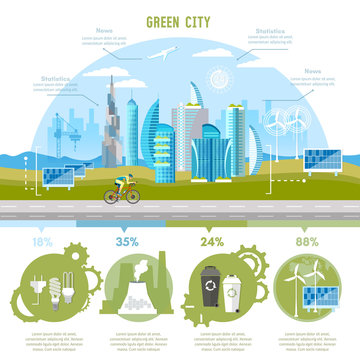Green city infographic. Eco city background urban landscape. Future energy, solar panels, windmills